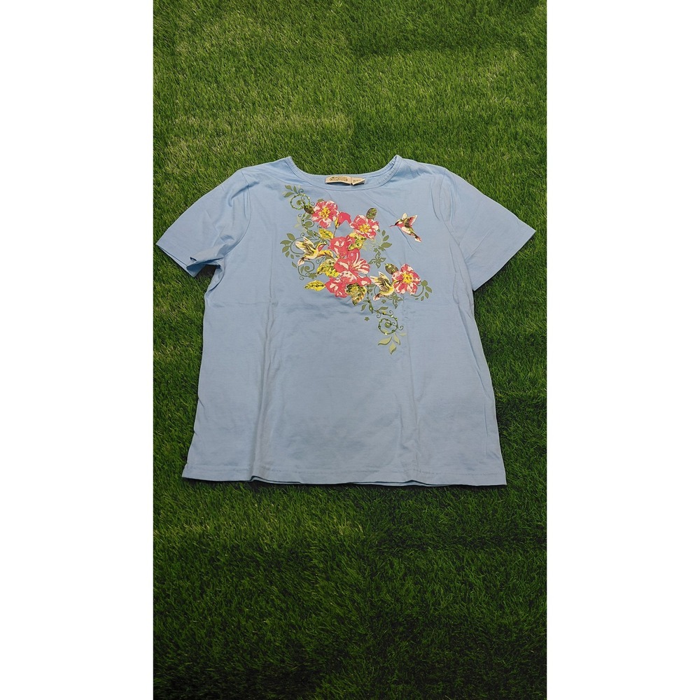 Collections Etc T-Shirt Large Blue Womens Floral Hummingbird Sequin Cotton Good